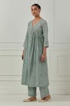 Musal_Green Floral Block Print Poppy Kurta Set _Online_at_Aza_Fashions