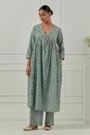Buy_Musal_Green Floral Block Print Poppy Kurta Set _Online_at_Aza_Fashions