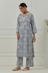 Shop_Musal_Blue Floral Block Printed Azalea Kurta Set _Online_at_Aza_Fashions