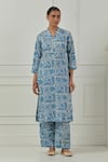 Shop_Musal_Blue Floral Block Print Calla Kurta Set _Online_at_Aza_Fashions