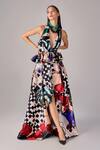 Buy_Saaksha & Kinni_Multi Color Floral Checkered Asymmetric High Waist Skirt _at_Aza_Fashions
