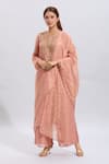 Buy_Samyukta Singhania_Peach Silk Embroidery Round Neck Kurta Set With Palazzo _at_Aza_Fashions