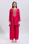 Samyukta Singhania_Pink Silk Embroidery Round Neck Hand Kurta Set _at_Aza_Fashions