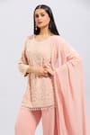 Buy_Samyukta Singhania_Peach Silk Embroidery Round Neck Hand Kurta Set _Online_at_Aza_Fashions