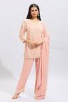 Samyukta Singhania_Peach Silk Embroidery Round Neck Hand Kurta Set _at_Aza_Fashions