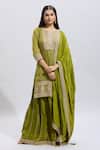 Buy_Samyukta Singhania_Green Satin Embroidery Split V-neck Hand Kurta Set _Online_at_Aza_Fashions