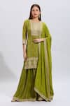 Buy_Samyukta Singhania_Green Satin Embroidery Split V-neck Hand Kurta Set _at_Aza_Fashions