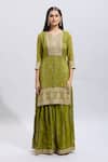 Samyukta Singhania_Green Satin Embroidery Split V-neck Hand Kurta Set _at_Aza_Fashions