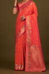 Naintara Bajaj_Peach Satin, Silk Zari V-neck Woven Dark Saree With Stitched Blouse _Online_at_Aza_Fashions