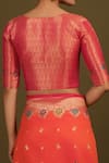 Shop_Naintara Bajaj_Peach Satin, Silk Zari V-neck Woven Dark Saree With Stitched Blouse _Online_at_Aza_Fashions