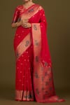 Samyukta Singhania_Pink Silk, Brocade Zari V-neck Woven Banarasi Saree Set _Online_at_Aza_Fashions