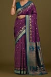 Naintara Bajaj_Purple Brocade, Silk, Satin Zari V-neck Designer Woven Saree Set _Online_at_Aza_Fashions