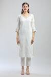 Buy_Samyukta Singhania_White Viscose, Jacquard Embroidery V-neck Hand Kurta Set_Online_at_Aza_Fashions