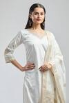 Samyukta Singhania_White Viscose, Jacquard Embroidery V-neck Hand Kurta Set_at_Aza_Fashions