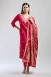 Samyukta Singhania_Red Viscose, Chanderi, Nylon Embroidery V-neck Hand Kurta Set _Online_at_Aza_Fashions