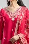 Samyukta Singhania_Red Viscose, Chanderi, Nylon Embroidery V-neck Hand Kurta Set _at_Aza_Fashions