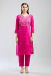 Shop_Samyukta Singhania_Pink Viscose, Chanderi, Jacquard Embroidery Split V-neck Hand Kurta Set_Online_at_Aza_Fashions