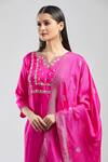 Samyukta Singhania_Pink Viscose, Chanderi, Jacquard Embroidery Split V-neck Hand Kurta Set_at_Aza_Fashions