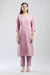 Shop_Samyukta Singhania_Purple Viscose, Chanderi Embroidery V-neck Hand Kurta Set_Online_at_Aza_Fashions