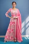 Buy_Samyukta Singhania_Pink Denim Embroidery Round Neck Floral Anarkali With Dupatta _at_Aza_Fashions
