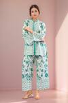 Buy Naintara Bajaj White Mandarin Collar Teal Printed Kurta Set With Pants at Aza Fashions Buy_Naintara Bajaj_White Mandarin Collar Teal Printed Kurta Set With Pants _at_Aza_Fashions