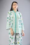 Naintara Bajaj White Mandarin Collar Teal Printed Kurta Set With Pants Online at Aza Fashions Naintara Bajaj_White Mandarin Collar Teal Printed Kurta Set With Pants _Online_at_Aza_Fashions