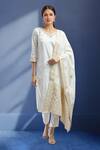 Buy_Samyukta Singhania_White Viscose, Jacquard Embroidery V-neck Hand Kurta Set_at_Aza_Fashions