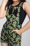 Samyukta Singhania_Black Cotton, Viscose Bows Printed Lycra Dungarees And T-shirt Set _at_Aza_Fashions
