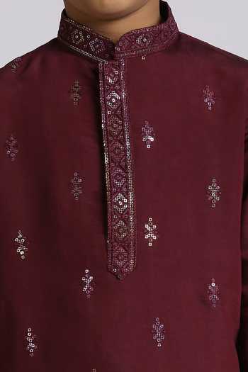 Shop_Petite Pomme_Wine Silk, Cotton Sequins Sequence Embroidered Kurta Set _Online_at_Aza_Fashions