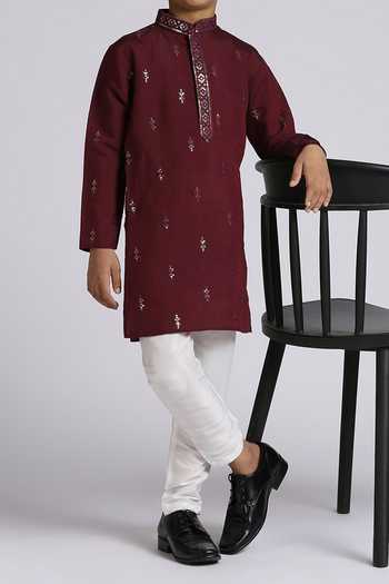 Petite Pomme_Wine Silk, Cotton Sequins Sequence Embroidered Kurta Set _at_Aza_Fashions
