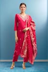 Buy_Samyukta Singhania_Red Viscose, Chanderi, Nylon Embroidery V-neck Hand Kurta Set _at_Aza_Fashions