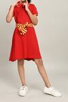 Petite Pomme_Red Cotton Girls Dress With Striped Belt _Online_at_Aza_Fashions
