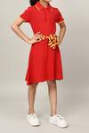 Petite Pomme_Red Cotton Girls Dress With Striped Belt _at_Aza_Fashions