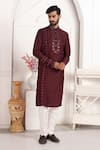 Shop_Arihant Rai Sinha_Wine Silk Embroidery, Mirrors Straight Kurta Set With Aligadhi Pant _Online_at_Aza_Fashions