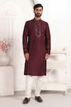 Buy_Arihant Rai Sinha_Wine Silk Embroidery, Mirrors Straight Kurta With Thread And Work _at_Aza_Fashions