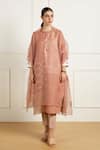 Arcvsh By Pallavi Singh_Peach Linen, Organza Embroidery Round Double Layer Tunic And Printed Pants Set _Online_at_Aza_Fashions
