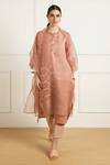 Buy_Arcvsh By Pallavi Singh_Peach Linen, Organza Embroidery Round Double Layer Tunic And Printed Pants Set _Online_at_Aza_Fashions