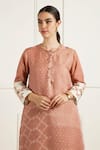 Arcvsh By Pallavi Singh_Peach Linen, Organza Embroidery Round Double Layer Tunic And Printed Pants Set _at_Aza_Fashions