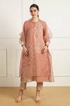 Buy_Arcvsh By Pallavi Singh_Peach Linen, Organza Embroidery Round Double Layer Tunic And Printed Pants Set _at_Aza_Fashions