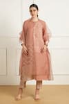 Arcvsh By Pallavi Singh_Peach Linen, Organza Embroidery Round Neck Almond Discharge Print Kurta Set _at_Aza_Fashions