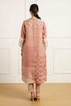 Shop_Arcvsh By Pallavi Singh_Peach Linen, Organza Embroidery Round Neck Almond Discharge Print Kurta Set _at_Aza_Fashions