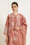 Buy_Arcvsh By Pallavi Singh_Peach Silk, Chanderi Embroidery Round Neck Almond Discharge Print Kurta Set _Online_at_Aza_Fashions