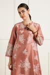Arcvsh By Pallavi Singh_Peach Silk, Chanderi Embroidery Round Neck Almond Discharge Print Kurta Set _at_Aza_Fashions