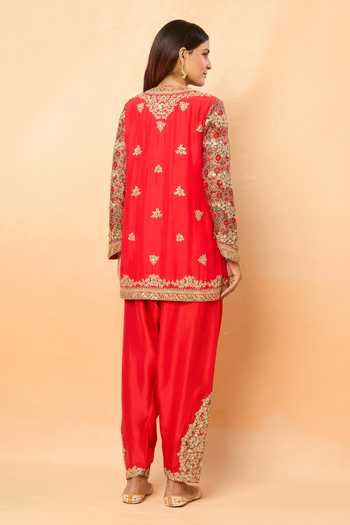 Shop_Debyani + CO_Red Embroidery, Zari, Sequins Round Neck Qawwali Kurta Set _at_Aza_Fashions