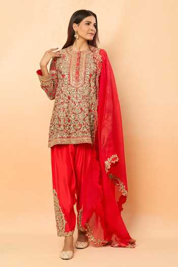 Shop_Debyani + CO_Red Embroidery, Zari, Sequins Round Neck Qawwali Kurta Set _Online_at_Aza_Fashions