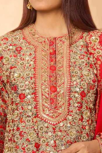Buy_Debyani + CO_Red Embroidery, Zari, Sequins Round Neck Qawwali Kurta Set 
