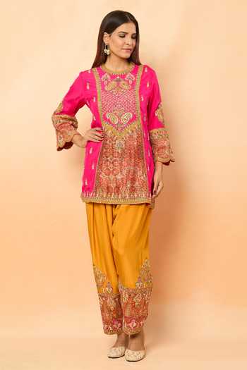 Debyani + CO_Pink Sequins, Gota Patti, Zari, Embroidery Round Kurta Set With Contrast Salwar _Online_at_Aza_Fashions