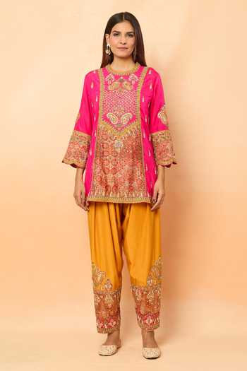 Shop_Debyani + CO_Pink Sequins, Gota Patti, Zari, Embroidery Round Kurta Set With Contrast Salwar _Online_at_Aza_Fashions