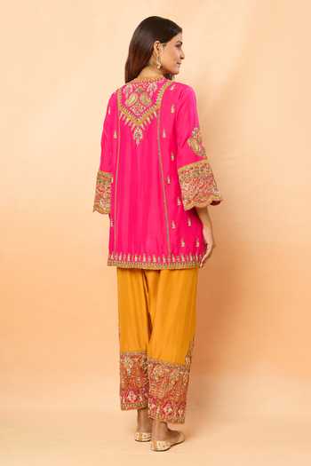 Shop_Debyani + CO_Pink Sequins, Gota Patti, Zari, Embroidery Round Kurta Set With Contrast Salwar _at_Aza_Fashions