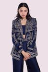 Shop_Onaya_Navy Silk Cut Work, Mirrors, Sequins, Cutdana Embroidered Blazer And Pant Set _at_Aza_Fashions